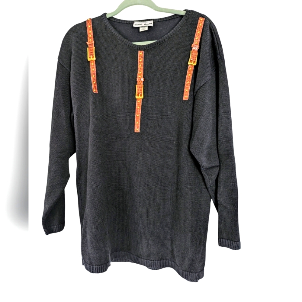 VTG 80s Novelty‎ Womens Medium Sweater Black Unique Brown Buckles Applique Small